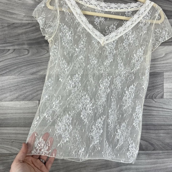 Lace Top Womens L Beige Sheer Cottagecore Short Sleeve Gypsy Festival Fairy Boho - Picture 4 of 8
